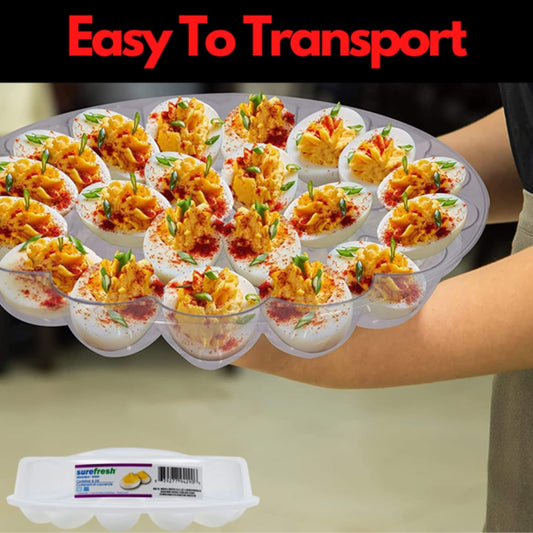 KRE Sure Fresh Deviled Egg Carrier with Lid 10.375x3.5In Freezer Safe Display Home Kitchens Outdoor Indoor Cookout Valentines Day Birthdays Party Plastic Food Trays Pack of 2 with Bonus Restrav