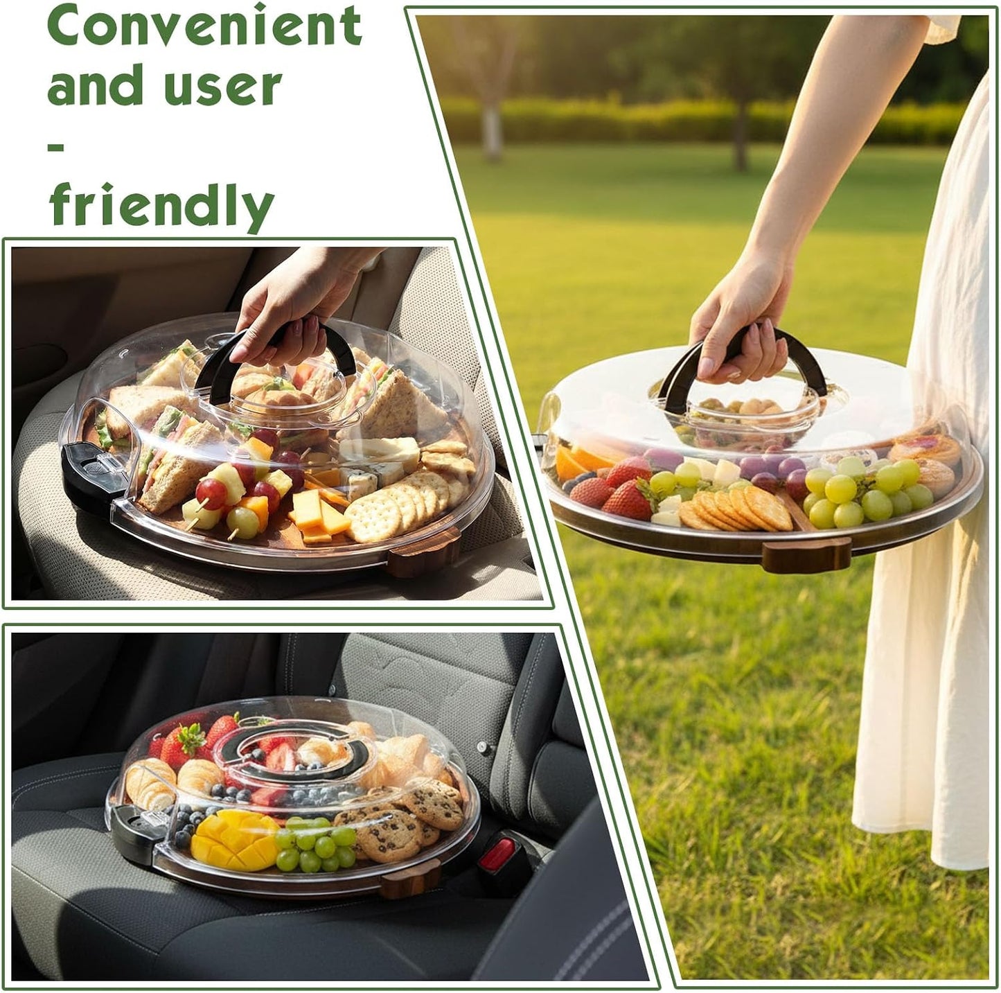 Charcuterie Board, 13.5" Rotation Acacia Wood Serving Tray with Clear Locking Lid Round Portable Lazy Susan Cheese Board Meat Fruit Tray Platter for Picnic, Housewarming Gift, Party Supplies