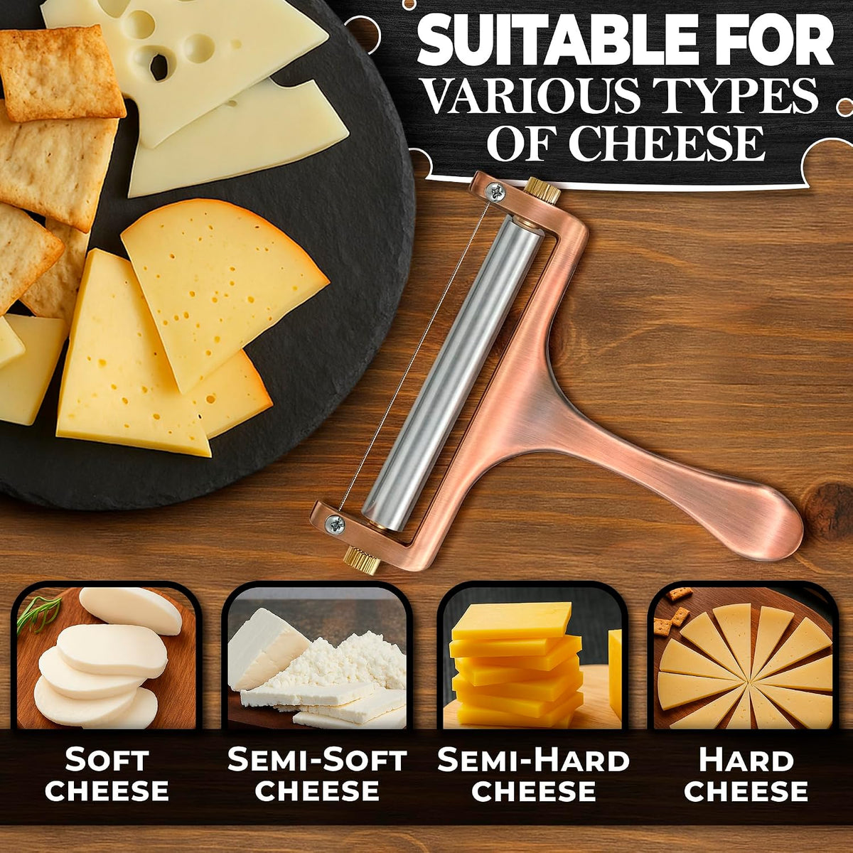 Handheld Wire Cheese Slicer with 2 Extra Wires, Thickness Adjuster