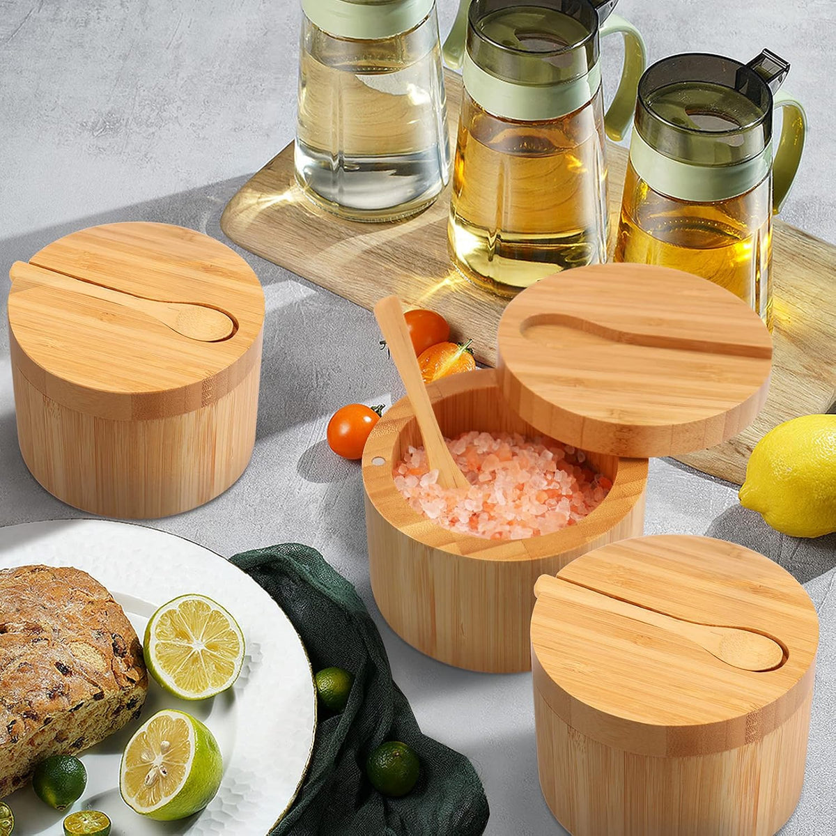HTB Bamboo Salt Cellar with Mini Spoon and Magnetic Swivel Lid