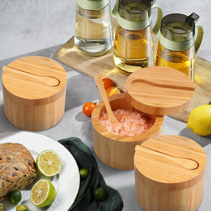 HTB Bamboo Salt Cellar with Mini Spoon and Magnetic Swivel Lid
