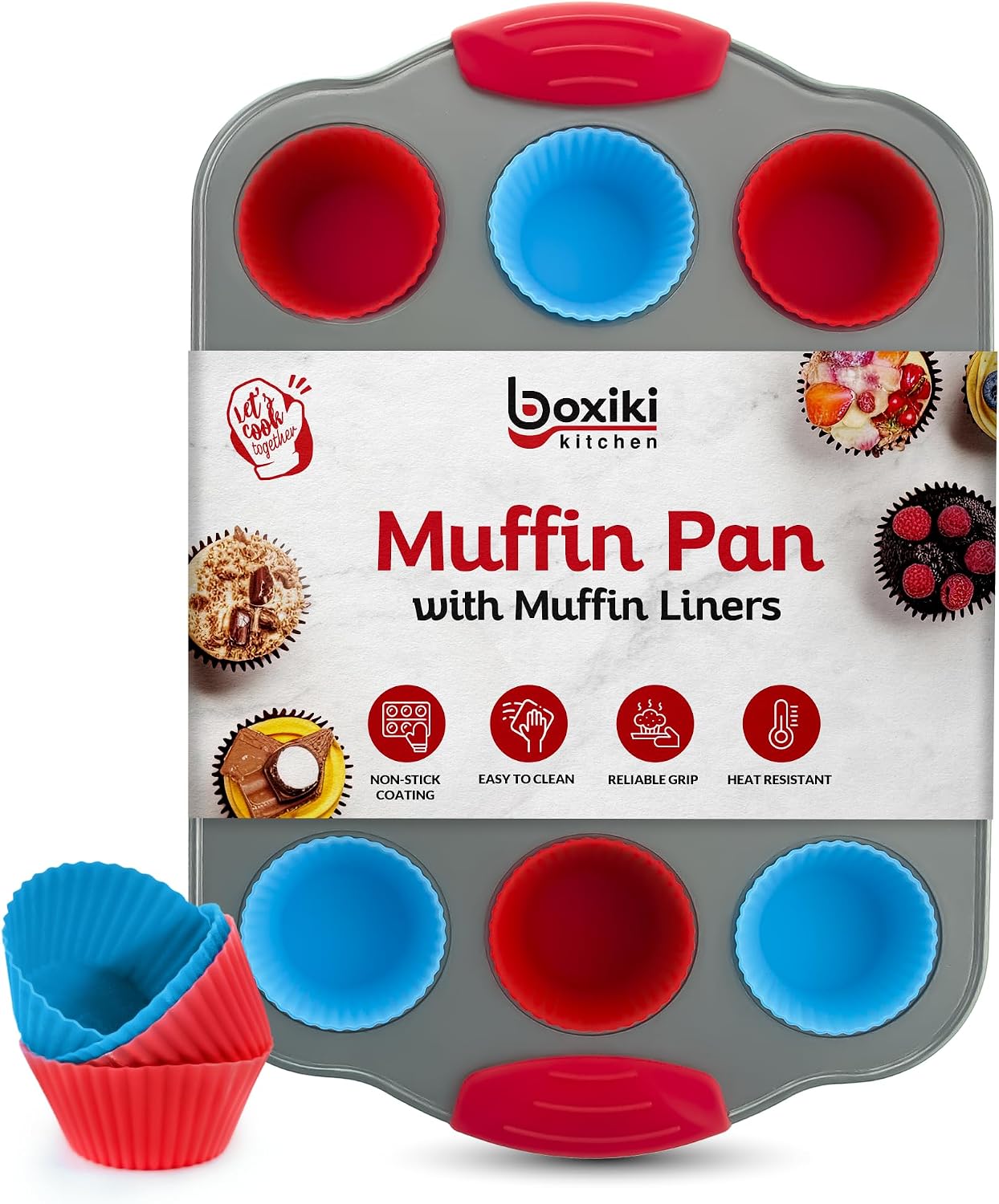 Boxiki Kitchen Non-Stick 12 Cup Silicone Muffin Pan with Steel Frame - BPA Free, Non-Toxic, Anti-Warp, Durable & Easy to Pop Silicone Muffin Tin - Perfect Cupcake Pan