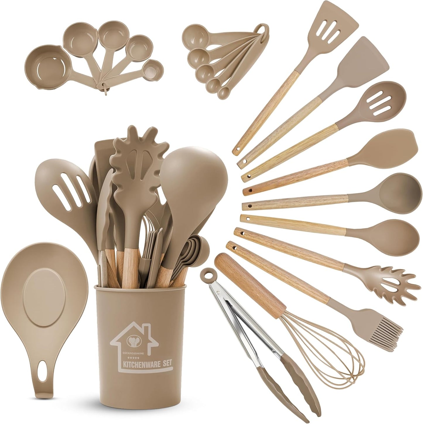 Berry & Cherry Kitchen Utensils Set Silicone 33 PCS – Nonstick Heat Resistant Cooking Tools with Wooden Handles & Holder, Spatula Set (Khaki)