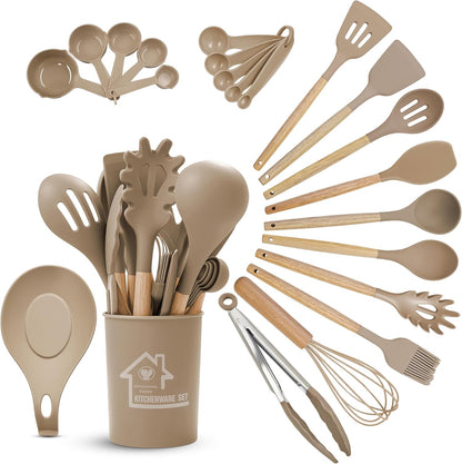 Berry & Cherry Kitchen Utensils Set Silicone 33 PCS – Nonstick Heat Resistant Cooking Tools with Wooden Handles & Holder, Spatula Set (Khaki)