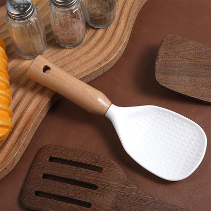 Standing Silicone Rice Scooper, Non Stick Rice-Cooking Spoon Paddle Heat Resistant Rice Spatula with Wooden Handle for Kitchen Cooking, Mixing, Scoop, Scrape, Beige