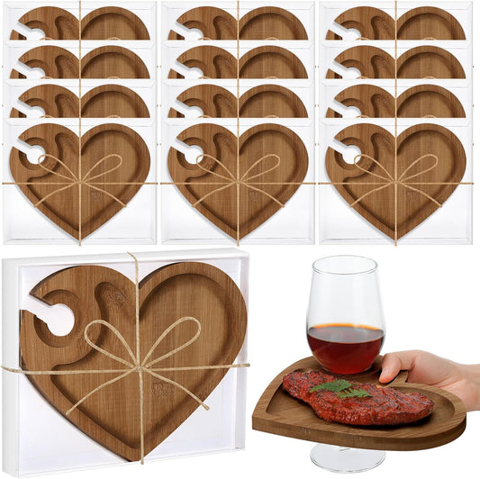 Menkxi 12 Set Wine Appetizer Plates Mini Charcuterie Boards with Wine Glass Holder and Box Gifts for Bridal Shower Game Prizes Wooden Cocktail Cheese Plate for Guests Baby Shower(Heart,Light Color)