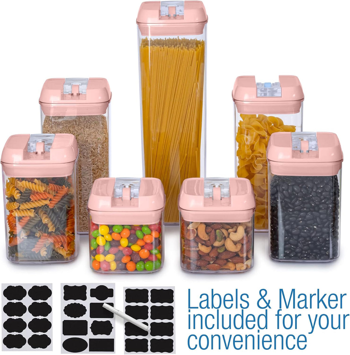 Set of 7 Airtight Food Storage Containers - Pantry Organizer Bins, BPA Free Plastic Containers plus Dry Erase Marker and Labels, White