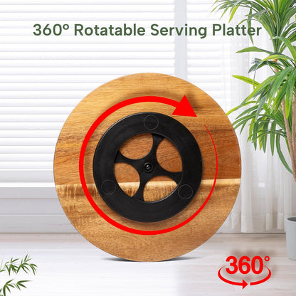 Defined Deco12in Serving Tray and Platters, Acacia Wood chip & dip Sets for Party, 360° Rotatable Serving Dishes for Chips and Dip, Fruit,Veggies, Candy and Snack, (Including 2X Dip Bowls, 1 Spoon)