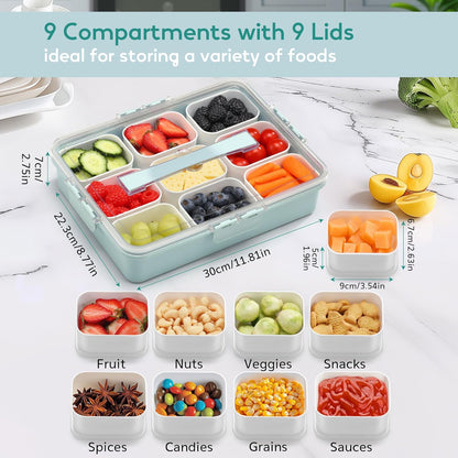 Snackle Box Container for Adults with 9 Compartment, Divided Serving Tray Snack Box Containers with Lid and Handle, Charcuterie Boxes Portable Snack Platter for Fruit Veggie Party Travel, White