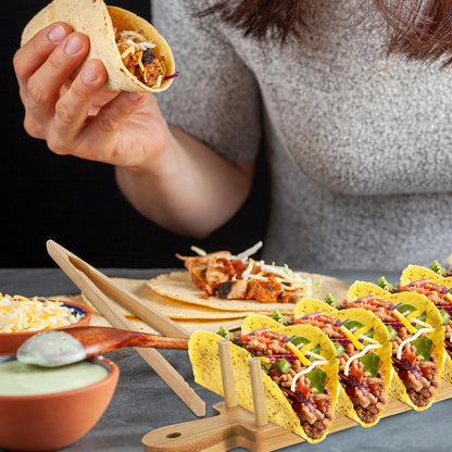 Kigley Wood Taco Holder Set of 4 Bamboo Mini Taco Tray with Tong Stand with Handle Wooden Rack, Each Holds 8 Soft or Hard Shell for Charcuterie Food Kitchen Gifts Accessories Home