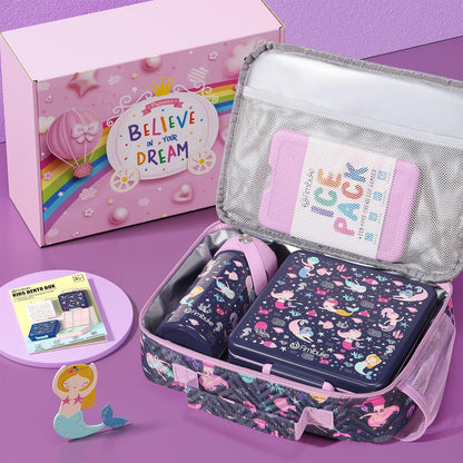 Fimibuke Kids Bento Lunch Box with 4 Compartments, Insulated lunch Bag, Stainless Steel Insulated Water Bottle, Ice Pack & Utensils Set, Birthday Gifts for Ages 3-12 Back to School Toddler Girls Boys