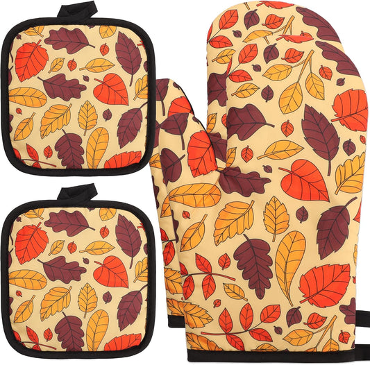 Pack of 4 Fall Oven Mitts and Pot Holders Set, Fall Maple Leaves Oven Mitts & Potholders Heat Resistant Non Slip Thanksgiving Potholders for Thanksgiving Autumn Gifts Cooking Party Favors