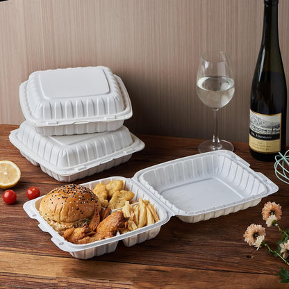 8X8 3-Compartment 50-Pack Plastic Clamshell Takeout Food Trays Heavy Duty Togo Disposable Box Carryout Meal Prep Packaging Catering Hinged Containers With Secure Snap Lid (Formerly FULING)