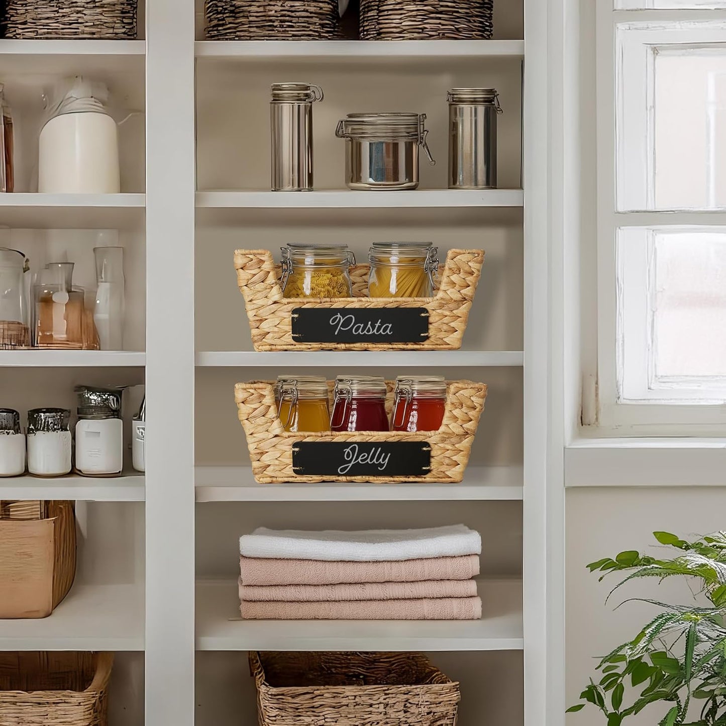 Casafield Set of 2 Water Hyacinth Pantry Baskets with Handles, Chalkboard Labels, and Marker - Espresso, Wide Woven Storage Bin Organizers for Kitchen Shelves