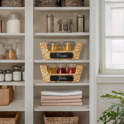 Casafield Set of 2 Water Hyacinth Pantry Baskets with Handles, Chalkboard Labels, and Marker - Espresso, Wide Woven Storage Bin Organizers for Kitchen Shelves