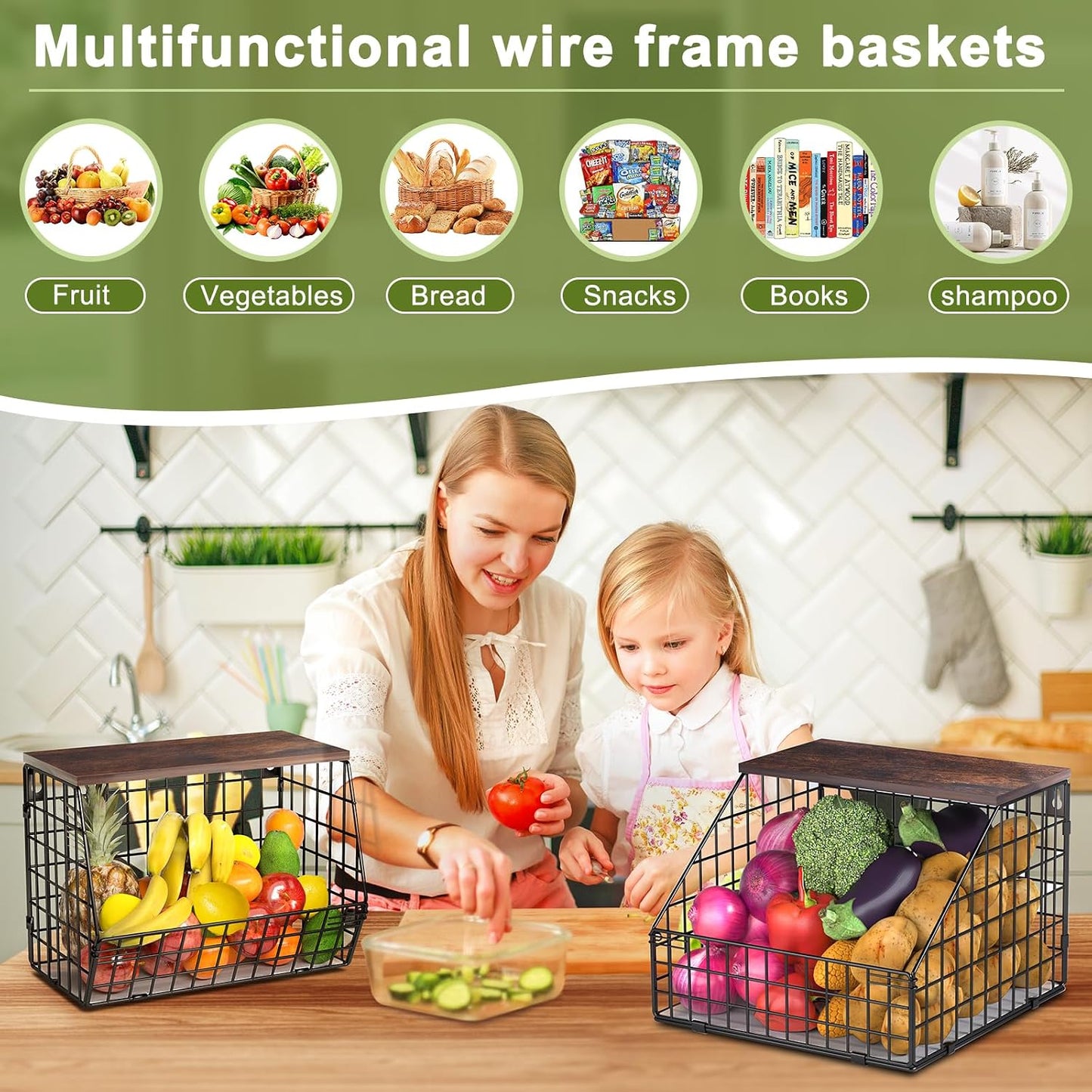 White Fruit Bowl Wire Basket Storage Pantry Fruit and Vegetable Storage Fruit Basket for Kitchen Counter Stackable Wall Mounted Hanging Basket Wire Basket with Wood Lid with Hanger Hooks