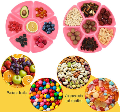 ‌12 Pcs Plastic Serving Trays with 7 Compartments - 10 Inch Round Chip & Dip Thanksgiving Plates for Candy, Nuts, Fruits, Veggies - Party Platter Set, 6 Colors