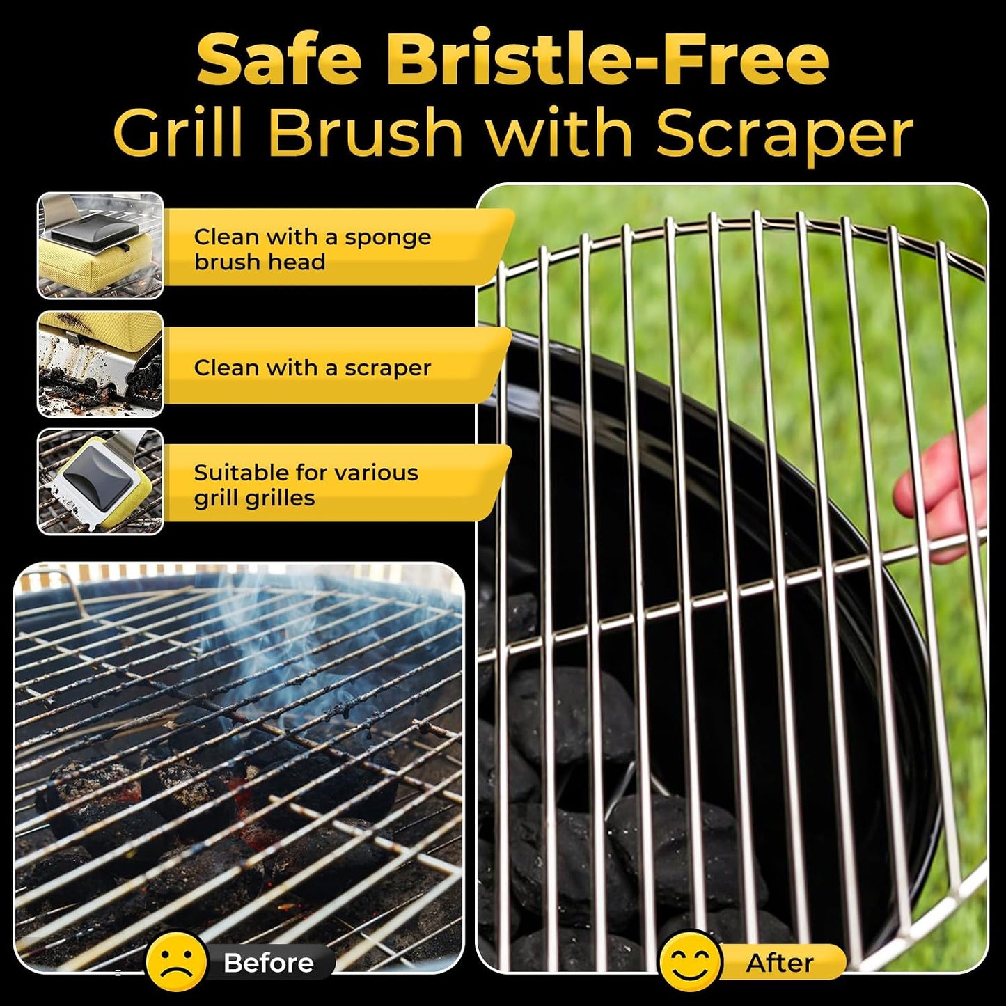 Grill Brush for Outdoor Grill Bristle Free, BBQ Grill Brush with Scraper & 2 Replaceable Heads, Safe Grill Steam Cleaner 17'' Long Handle Grilling Accessories for Cast Iron & Stainless Steel Grates