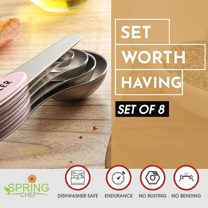 Spring Chef Stainless Steel Magnetic Measuring Spoons Set with Strong N45 Magnets, Heavy Duty Metal Kitchen Gadgets for Baking & Cooking, Fits in Most Kitchen Spice Jars, Set of 8 with Leveler, Black
