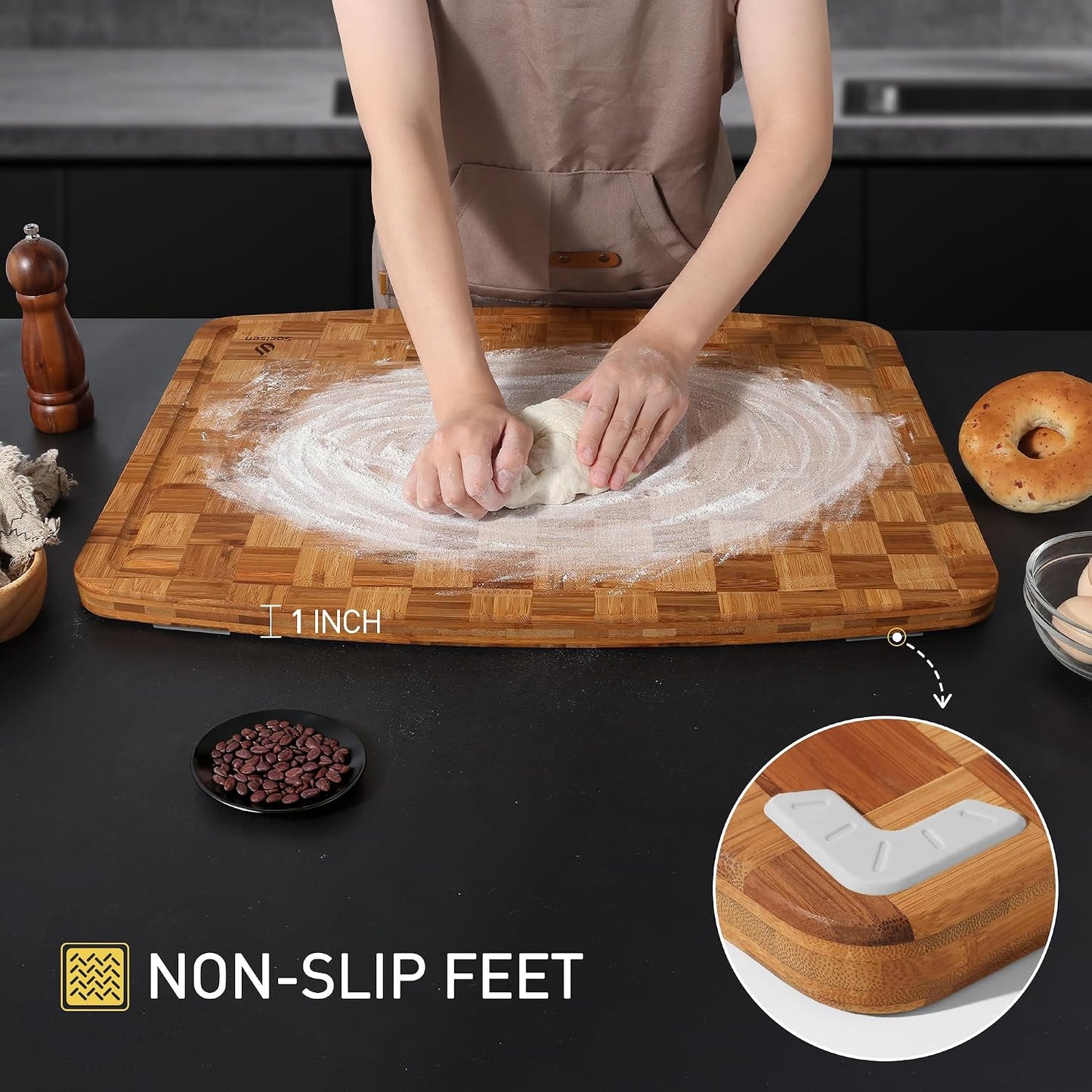 3 Pack Bamboo Cutting Board Set Non Toxic Wooden Cutting Board for Kitchen Non Slip Solid End Grain Thick Wood Juice Groove Chopping Board Edge Grain Teak Smart Marble Flexible Round Stone Metal