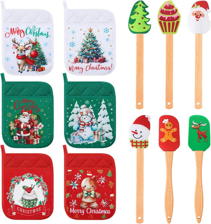 Zhehao 12 Pcs Christmas Silicone Spatulas Pot Holders Set Heat Resistant Pot Holders with Pocket Baking Gifts for Christmas Gift Party Supplies (Vibrant Christmas Style)