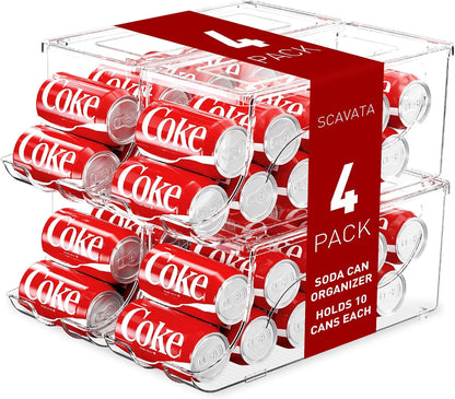 SCAVATA 2 Pack Stackable Refrigerator Organizer, Soda Can Dispenser Pop Cans Container Beverage Holder with Lid for Fridge, Freezer, Kitchen, Clear Plastic Storage Bins-Holds 10 Cans Each