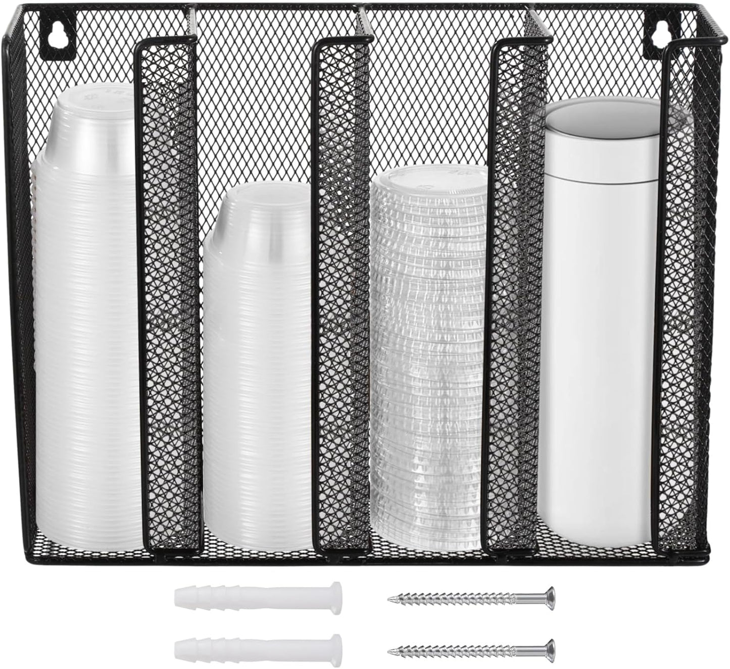 Wall Mount Portion Sauce Cup Lid Organizer, Black Metal Mesh Sauce Cup Dispenser, 4 Compartment for Stacking Plastic Disposable Cup and Lid Storage For Kitchen Restaurant Coffee Bar,Easy Installatio