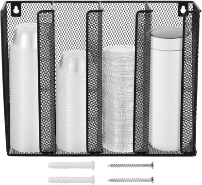 Wall Mount Portion Sauce Cup Lid Organizer, Black Metal Mesh Sauce Cup Dispenser, 4 Compartment for Stacking Plastic Disposable Cup and Lid Storage For Kitchen Restaurant Coffee Bar,Easy Installatio