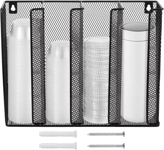 Wall Mount Portion Sauce Cup Lid Organizer, Black Metal Mesh Sauce Cup Dispenser, 4 Compartment for Stacking Plastic Disposable Cup and Lid Storage For Kitchen Restaurant Coffee Bar,Easy Installatio