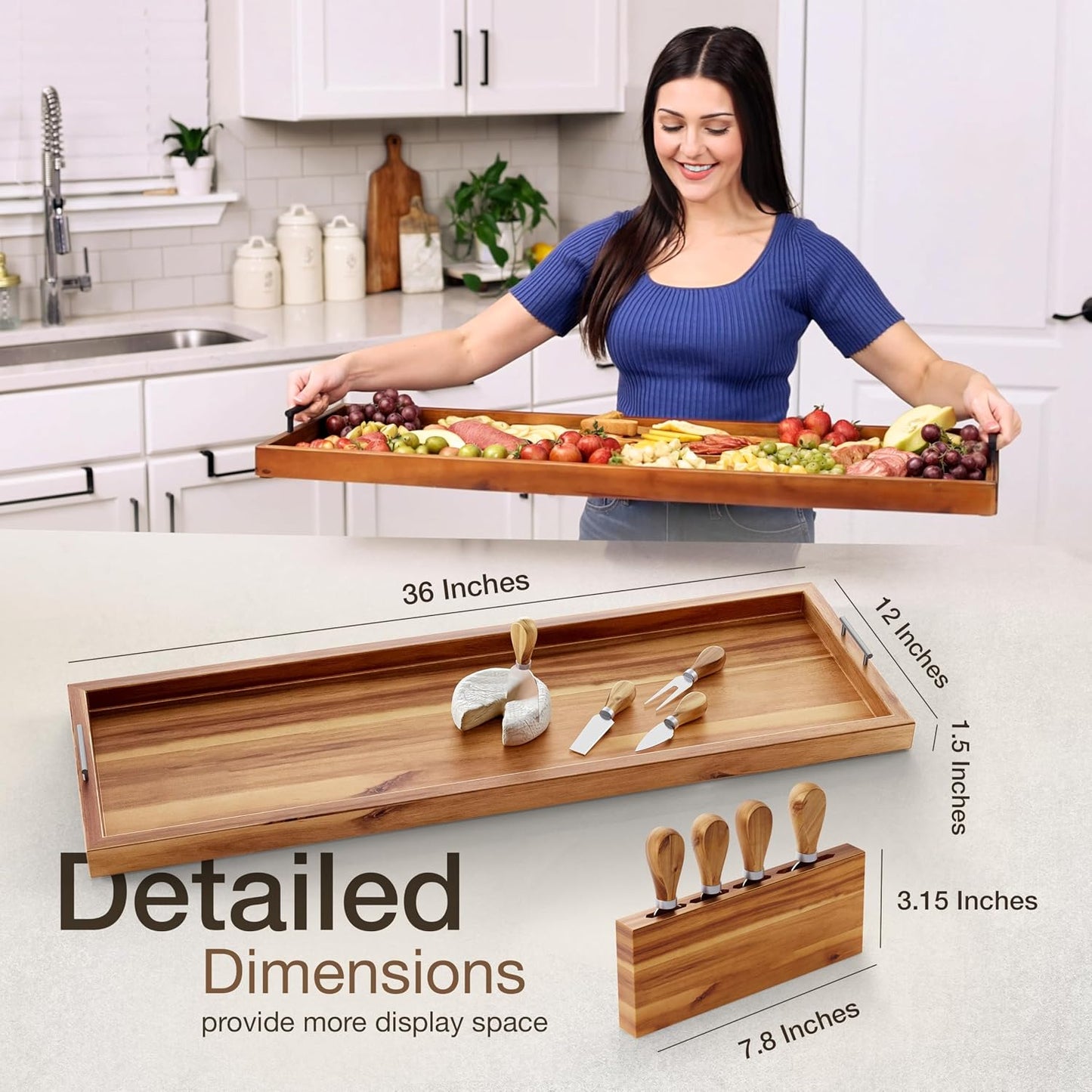 TIDITA Acacia Large Charcuterie Boards for Party with Cheese Knife Set of 4 – Acacia Wood Serving Tray with Handles, Long Charcuterie Board, Wooden Cheese Board (Walnut Color, 30 Inch)