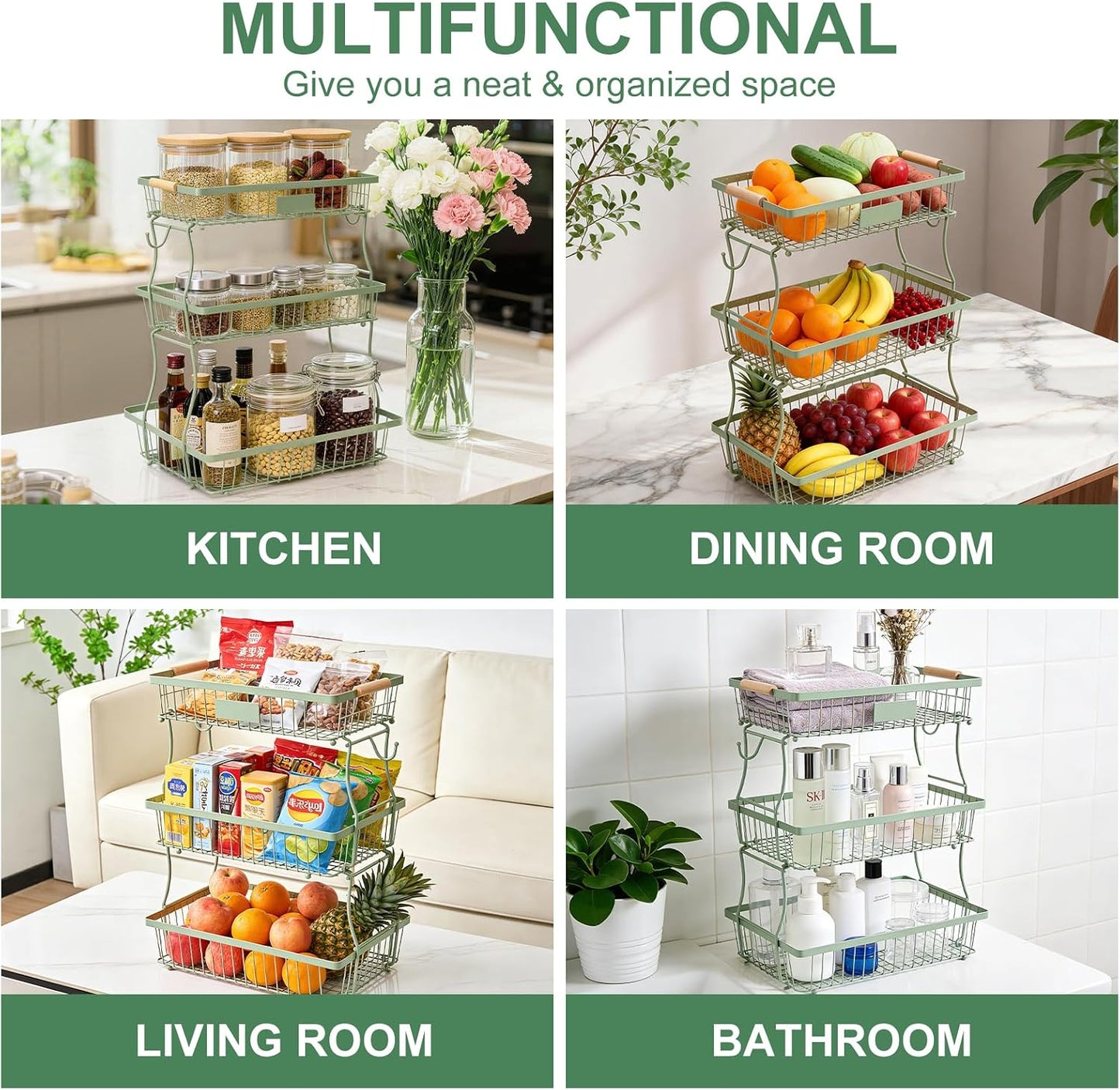Fruit Basket Bowl 2 Tier Detachable with 2 Banana Hangers, Fruit Stand Holder for Kitchen Countertop, Metal Wire Vegetable Storage Organizer, for Bread Snack Veggies Produce, Black