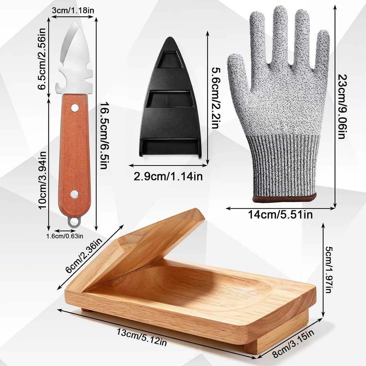 Oyster Shucking Knife Set, 3-Piece Oyster Shucker Kit with Wooden Oyster Clamp, Cut Resistant Gloves & Stainless Steel Oyster Knife, Oyster Opener Tool for Clams & Shellfish