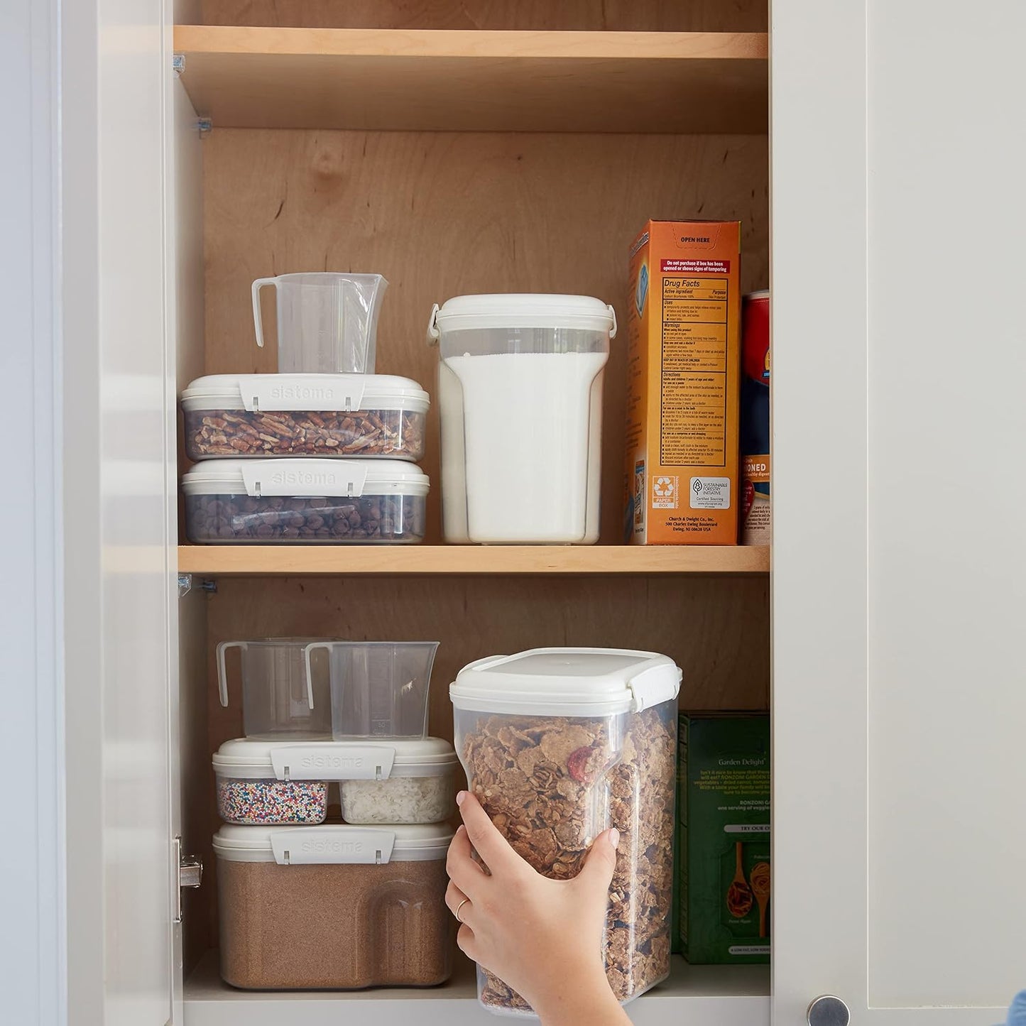 Sistema Flour and Sugar Storage Containers for Pantry with Lids and Measuring Cup, Dishwasher Safe, 13.7-Cup, White