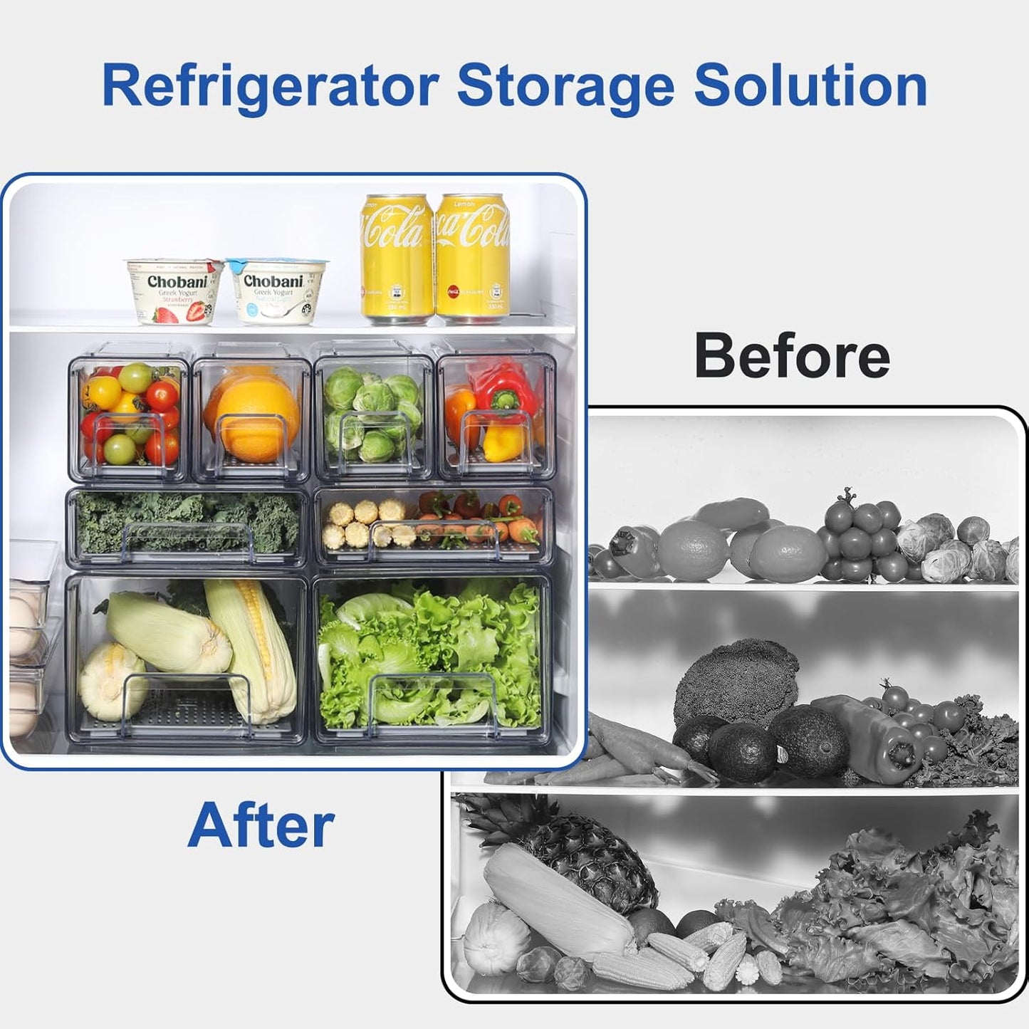 Pull Out Clear Fridge Organizer Drawers with Drainer, Refrigerator Stackable Storage Bins for Kitchen Fruit & Veggie Organization (Complete Set)