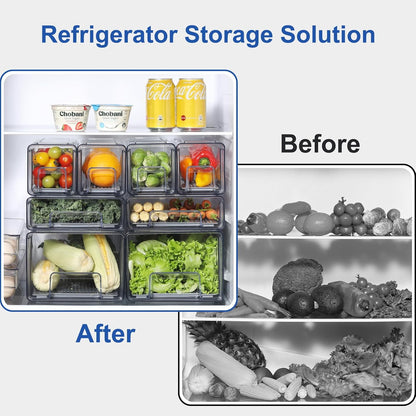 Pull Out Clear Fridge Organizer Drawers with Drainer, Refrigerator Stackable Storage Bins for Kitchen Fruit & Veggie Organization (Complete Set)