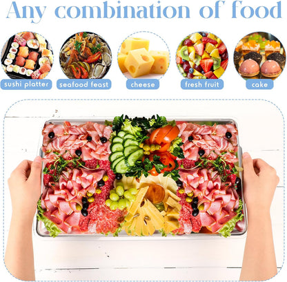 Baderke 3 Set 16" x 9'' Chilled Serving Tray for Parties with Compartments Rectangle Serving Dish Ice Charcuterie Party Platter for Shrimp Fruit Seafood Vegetable Appetizer (Silver)