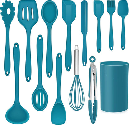 LIANYU 14 Pcs Silicone Kitchen Utensils Set with Holder, 446°F Heat Resistant Silicone Cooking Kitchen Utensils Spatula Set, Non-Stick & Dishwasher Safe Cooking Tools, Comfort Grip Handle, Black