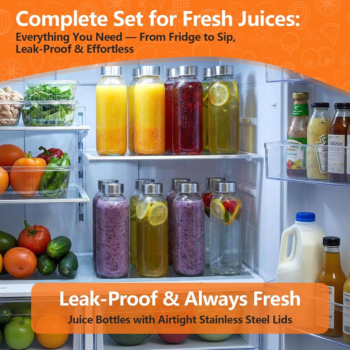 Glass Juice Bottles with Lids 10 oz, 6 Pack Reusable Small Glass Bottles with Stainless Steel Caps & Straws, BPA-Free Leak proof Juice Bottle Containers for Juicing, Milk, Smoothies & Fridge