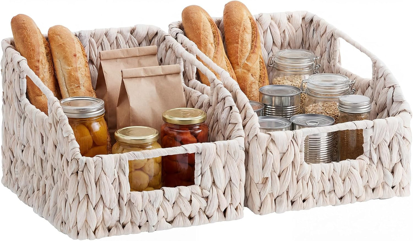 StorageWorks Water Hyacinth Pantry Storage Baskets, Wicker Baskets with Built-in Handles, Handwoven Shelf Baskets for Organizing, Pantry Organizers and Storage, 3 Pack