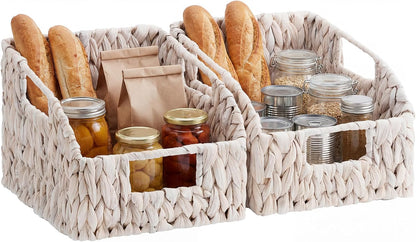 StorageWorks Water Hyacinth Pantry Storage Baskets, Wicker Baskets with Built-in Handles, Handwoven Shelf Baskets for Organizing, Pantry Organizers and Storage, 3 Pack