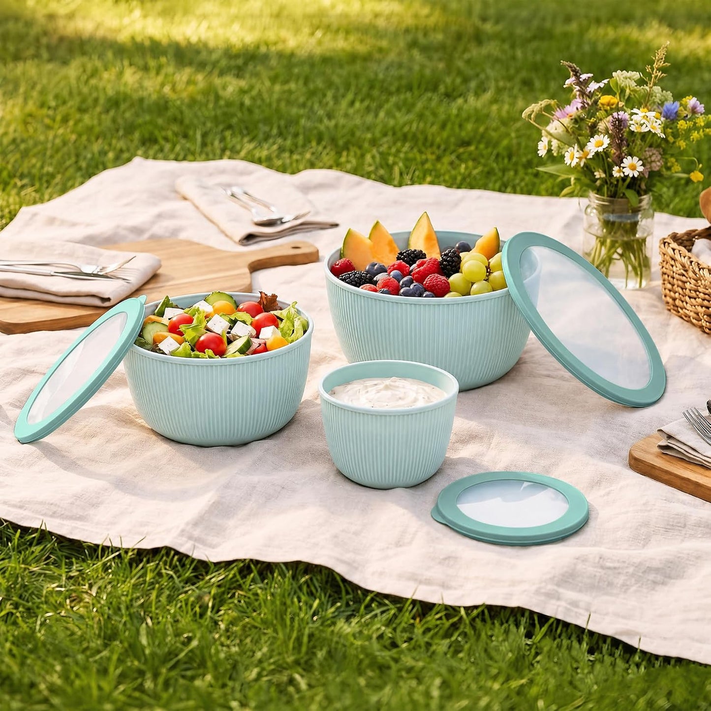 BoxedHome Plastic Mixing Bowls with Lids Set,4.97QT Large Capacity Deep Nesting Bowl,8 Pieces Set BPA-Free Prep Bowls,Dishwasher & Microwave Safe,Beige