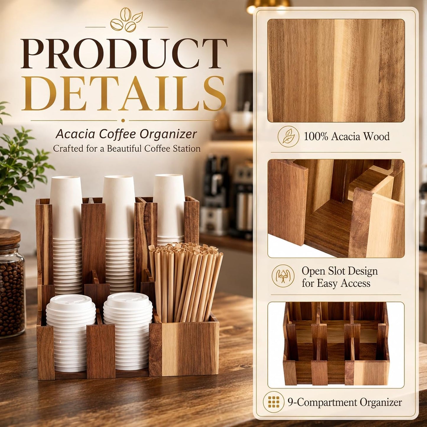 CroBlissful Wooden Vertical Coffee cup and lid dispenser, coffee condiment organizer, 9 Compartment for Disposable Paper & Plastic Cup, for cabinet Station Home Countertop Bar 13''l x 13''w x 12''h