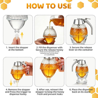 Glass Honey Dispenser 8 Ounces - Drip-Free Honey Jar With Glass Stand, Kitchen Leak-Proof Syrup Dispenser, Elegant Honeycomb Design For Storing Honey, Maple Syrup And Coffee Syrup