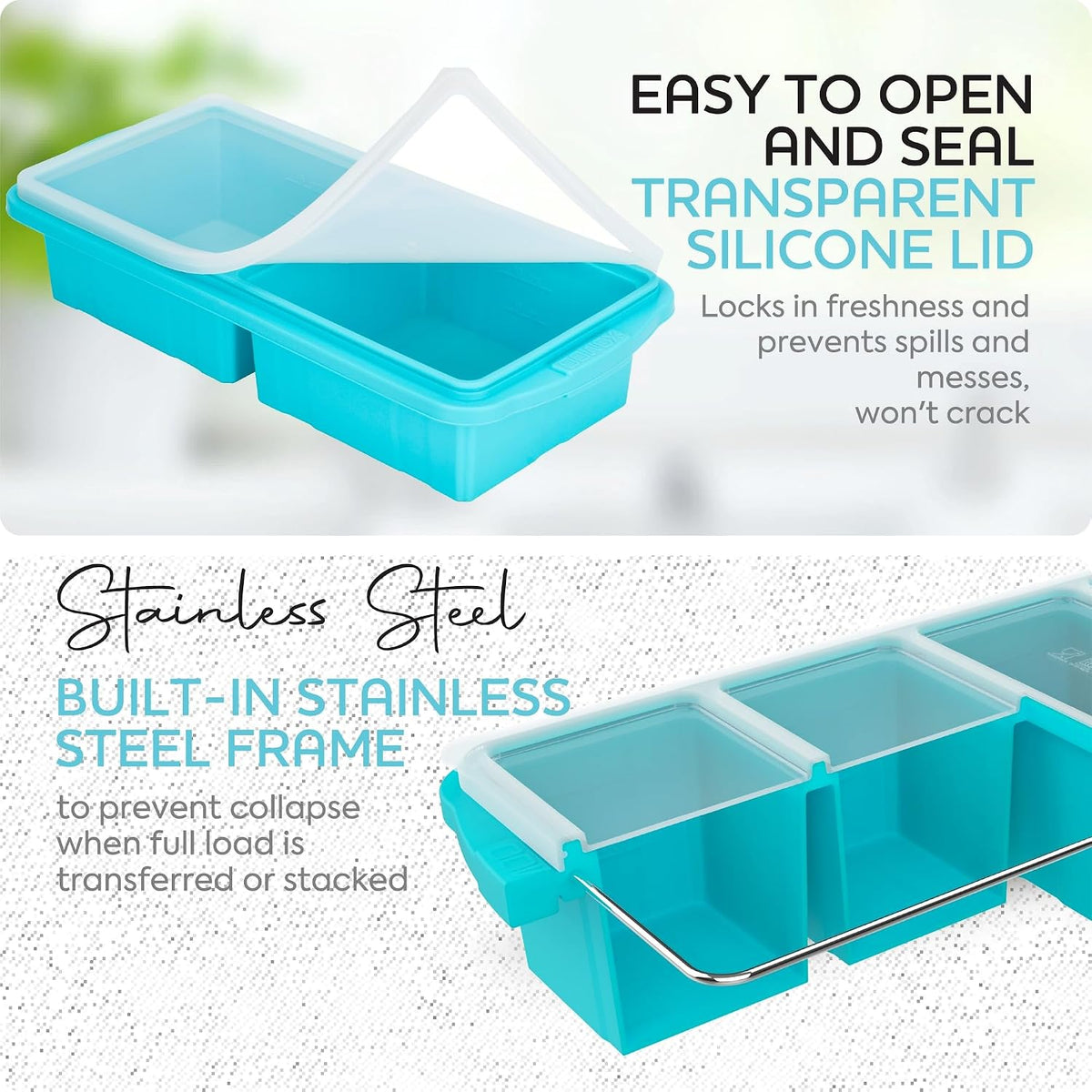 Silicone Freezer Tray With Lid-Soup Freezer Container molds-Large Ice Cube Tray Set Makes 1-Cup & 2-Cup portions cubes Perfect for preparing meals in different portion sizes Oven & Dishwasher -Safe
