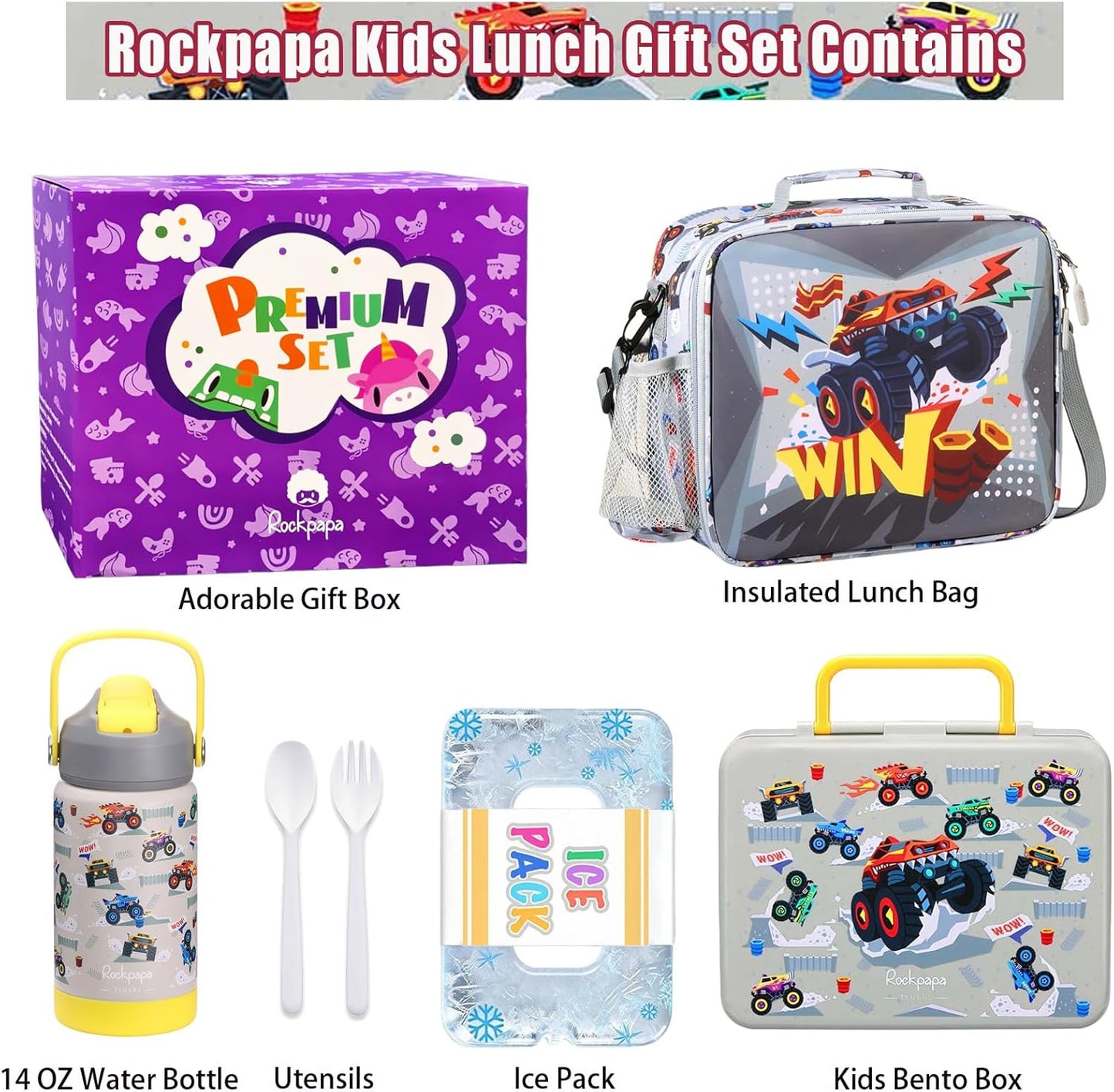 rockpapa Chill Kids Lunch Box Set with Leakproof 5.5 Cups Bento Box, Reusable Ice Pack, 14oz Insulated Water Bottle & Lunch Bag, BPA-Free Microwave Safe for School Boys Girls (Black Games)