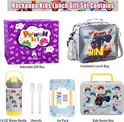 rockpapa Chill Kids Lunch Box Set with Leakproof 5.5 Cups Bento Box, Reusable Ice Pack, 14oz Insulated Water Bottle & Lunch Bag, BPA-Free Microwave Safe for School Boys Girls (Black Games)