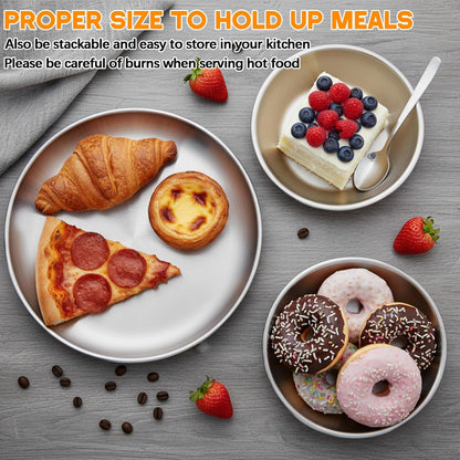 304 Stainless Steel Plates and Bowls Sets - 9 Inch Metal Camping Plates Reusable 20oz Steel Snack Bowls Feeding Serving Dinner Dishes for Adult Girls Boys