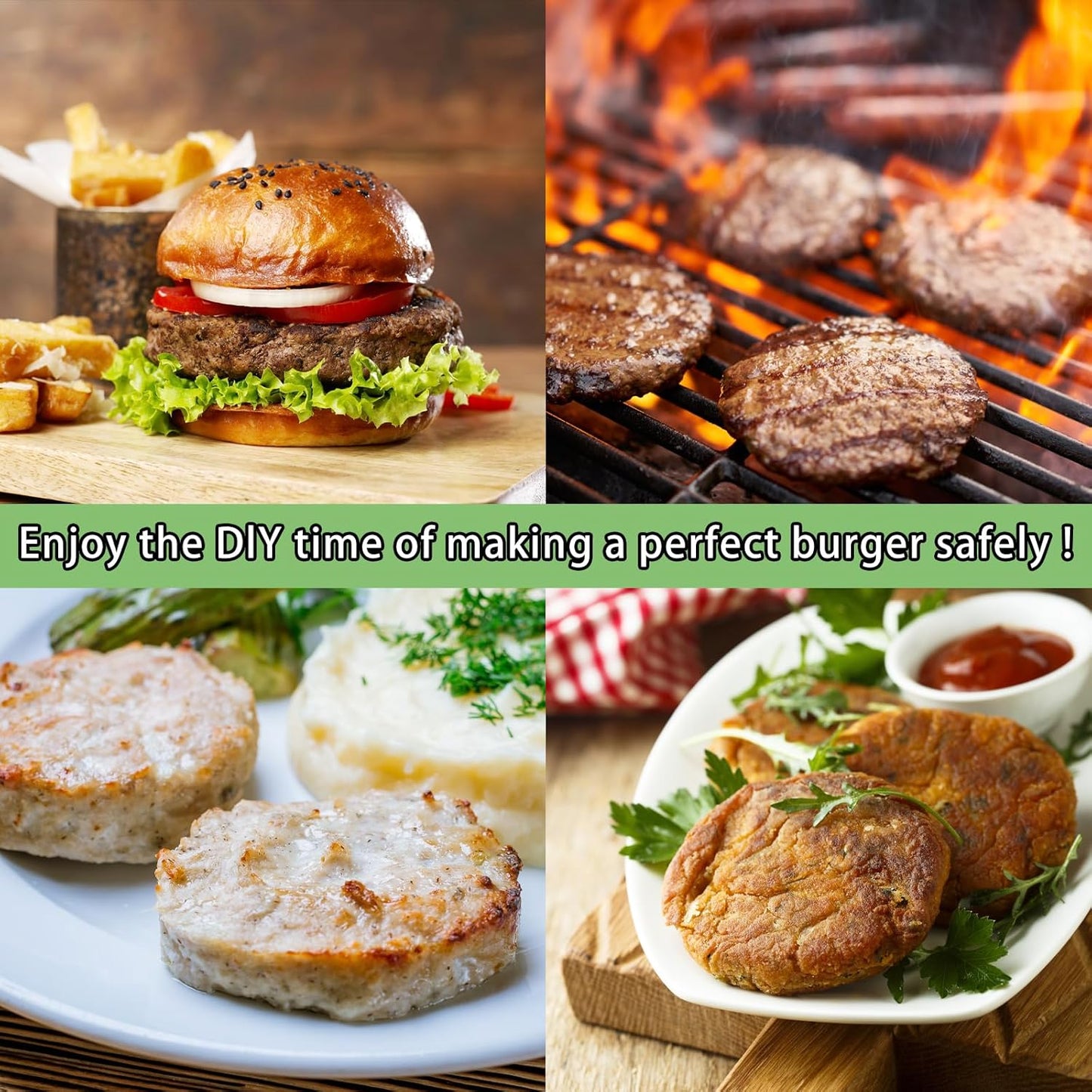 304 Stainless Steel Burger Press, Heavy Duty Adjustable Hamburger Meat Press Maker, Non-Stick Stuffed Patty Molds with150 PCS Hamburger Patty Paper for Beef, Vegetables, Meat, BBQ, Party Grill