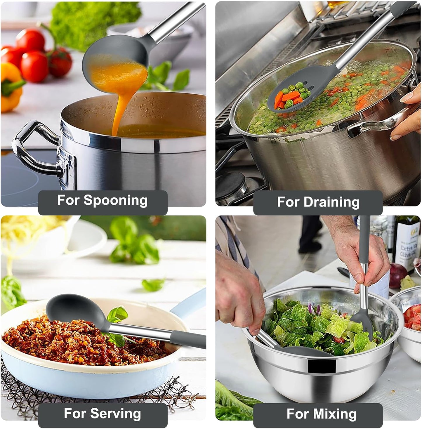 TeamFar Kitchen Utensils, 4 PCS Silicone Cooking Utensils Spatula Spoon Set with Stainless Steel Handle, for Frying Mixing Draining Turning, Healthy & Heat-proof, Non-stick & Dishwasher Safe - Black
