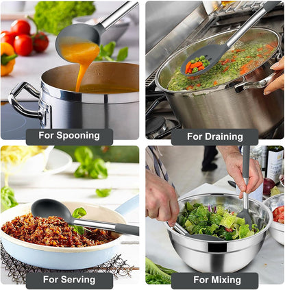 TeamFar Kitchen Utensils, 4 PCS Silicone Cooking Utensils Spatula Spoon Set with Stainless Steel Handle, for Frying Mixing Draining Turning, Healthy & Heat-proof, Non-stick & Dishwasher Safe - Black